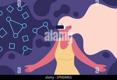 Concept de réalité virtuelle. Fille dans des lunettes de réalité augmentée à l'intérieur d'une illustration de vecteur de simulation de divertissement ou d'apprentissage. Réalité virtuelle femme Illustration de Vecteur