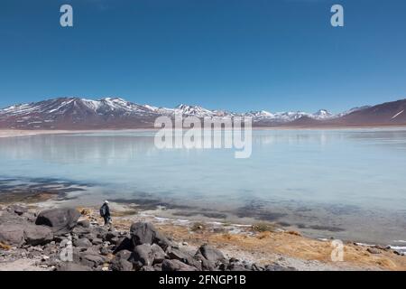 L'impressionnante Laguna Verde à la frontière du Chili et de la Bolivie. Accessible par des pistes désertiques, généralement dans le cadre d'un groupe de safari terrestre Banque D'Images