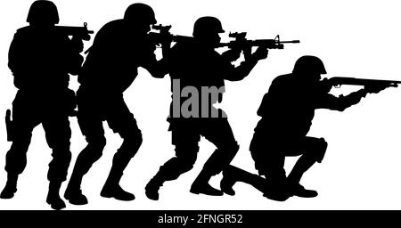 L'équipe tactique des forces spéciales de police, le groupe SWAT, les combattants de l'équipe contre-terroriste se déplaçant en formation de pile derrière le chef d'équipe qui vise avec une silhouette de vecteur de fusil de chasse isolée sur fond blanc Illustration de Vecteur