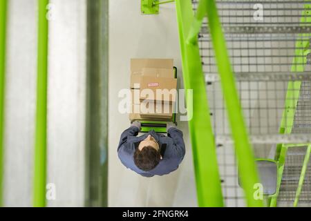 Vue en grand angle du jeune homme poussant le chariot avec pendant le travail en entrepôt Banque D'Images