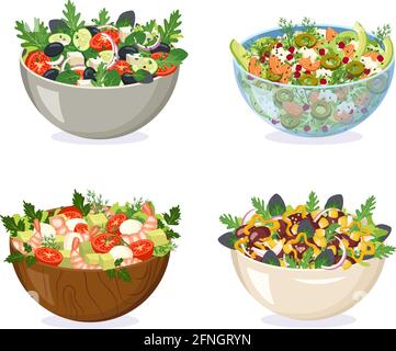 Un ensemble de bols de différents matériaux avec salade maison. Légumes en tranches, herbes et ingrédients sains dans des plats en verre, bois, métal et céramique Illustration de Vecteur