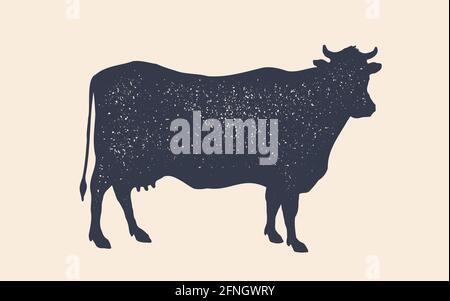 Silhouette de vache. Silhouette de vache isolée noire et blanche. Silhouette de vache rétro à imprimé vintage pour les affaires de viande, magasin de viande, menu de restaurant. Logo, modèle d'affiche pour la boucherie. Illustration vectorielle Illustration de Vecteur