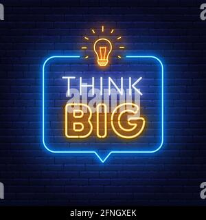 Pensez au grand signe de néon dans la bulle de discours sur fond de mur de brique. Illustration de Vecteur