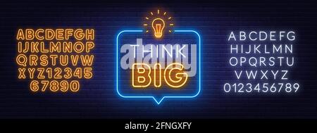 Pensez au grand signe de néon dans la bulle de discours sur fond de mur de brique. Alphabet jaune et blanc au néon. Illustration de Vecteur