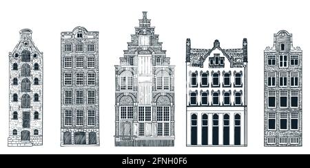 Les bâtiments de la vieille ville d'Amsterdam sont isolés sur fond blanc. Illustration de l'esquisse de la face à tracer vectorielle. Voyage aux pays-Bas éléments de design dessinés à la main Illustration de Vecteur