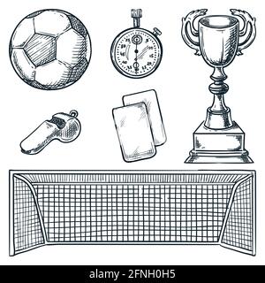 Équipement de sport de football. Illustration d'esquisse vectorielle dessinée à la main. Ballon de football, buts et icônes de cartes, isolés sur fond blanc Illustration de Vecteur