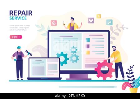 Page d'accueil du service de réparation. Drôle de petites personnes de réparer des gadgets et le système d'exploitation. Techniciens et réparateurs au travail. Application en ligne à l'écran Illustration de Vecteur