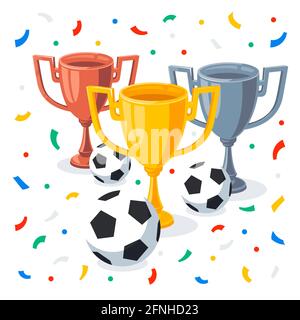 Coupe trophée or, argent et bronze dans un style de dessin animé plat. Coupes, ballons de football et confettis sur fond blanc. 1ère, 2ème, 3ème place Banque D'Images