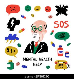Psychiatrie. Aide à la santé mentale. Ensemble d'éléments liés à la psychologie et à la psychiatrie la psychologie, le cerveau et les icônes vectorielles de la santé mentale. Style Doodle Illustration de Vecteur