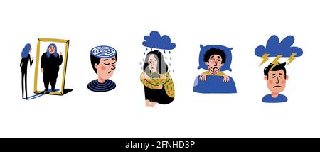 Psychologie. Ensemble d'hommes et de femmes avec des problèmes psychologiques sur fond blanc. Troubles mentaux, maladies, psychiatrie. Vecteur plat de style naïf Illustration de Vecteur