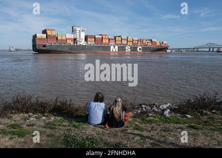 Les gens regardent un énorme porte-conteneurs MSC transportant des marchandises mondiales passer sur le fleuve Mississippi près de la Nouvelle-Orléans, en Louisiane. Banque D'Images