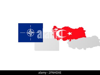 Un rendu 3d du drapeau de l'OTAN et Une carte 3d de la Turquie sur fond blanc avec ombre gris clair Banque D'Images