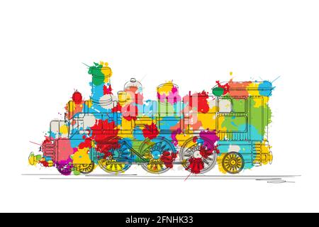 Réaliser un croquis de locomotive à la vapeur sur des taches colorées Illustration de Vecteur