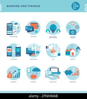 Ensemble d'icônes de services bancaires et financiers en ligne : compte bancaire, paiements, fonds, placements et prêts Illustration de Vecteur
