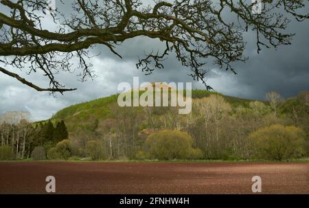 Paysage de printemps atmosphérique de la colline Noire Earlston dans les frontières écossaises avec champ labouré avec sol rouge au premier plan. Banque D'Images