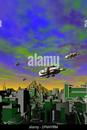 vaisseaux spatiaux survolant la ville, illustration 3d Banque D'Images
