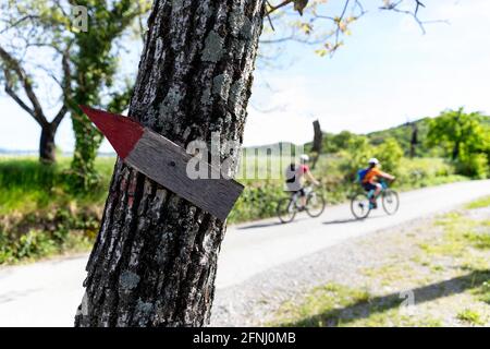 Mère et fils, touristes, cyclistes sur une route de gravier passant vieux panneau de randonnée au-dessus de la vallée de vipava sur une belle journée ensoleillée de printemps, Slovénie Banque D'Images