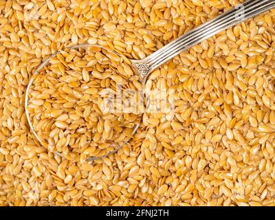 vue de dessus de la cuillère à soupe d'argent dans les graines de lin doré en gros plan Banque D'Images