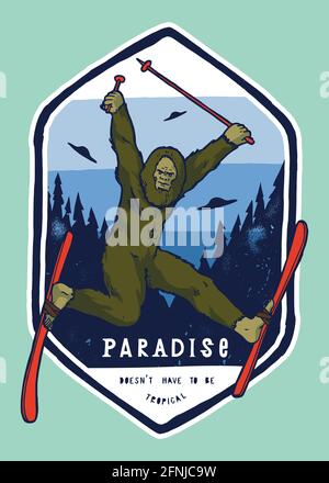 Ski à pied-de-biche dans les montagnes et être drôle avec un soucoupes d'OVNI survolant. Écusson Sasquatch Winter Mountain. Imprimé t-shirt amusant pour sports d'hiver Illustration de Vecteur