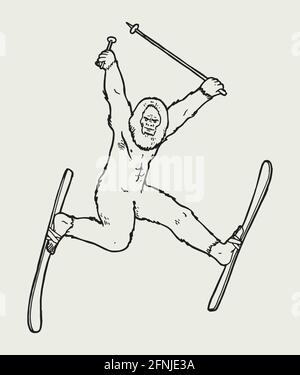 Personnage de bigfoot amusant qui saute sur des skis. Illustration vectorielle isolée. Caractère des sports d'hiver. Illustration de Vecteur