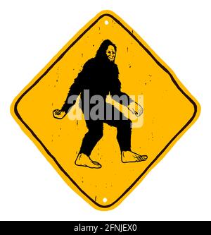 Panneau de signalisation Bigfoot - avertissement de forme de diamant jaune dessiné à la main panneau avec yeti - attention à sasquatch Illustration de Vecteur