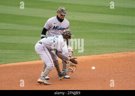 Miami Marlins' Jazz Chisholm Jr. bats during the second inning in the first  baseball game of a doubleheader against the Cleveland Guardians, Saturday,  April 22, 2023, in Cleveland. (AP Photo/Nick Cammett Stock