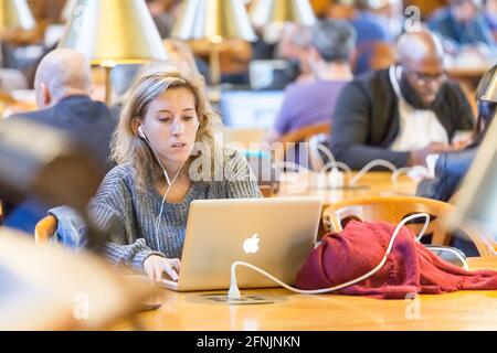 Jeune femme élégante travaillant sur son ordinateur portable dans la bibliothèque publique, étudiant Banque D'Images