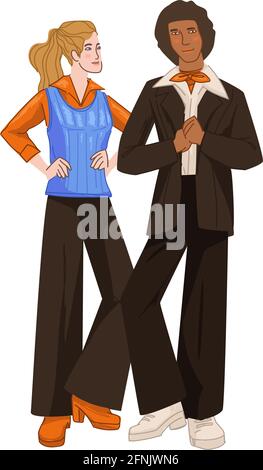 Homme et femme, couple portant des vêtements des années 1970 Illustration de Vecteur