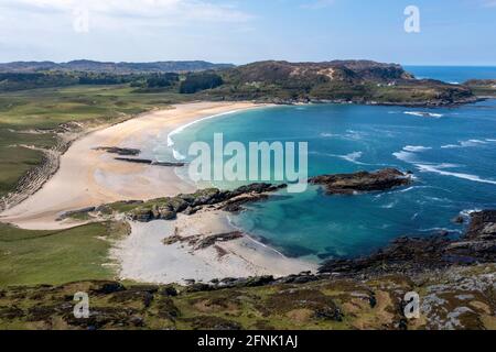 Vue aérienne de la plage de la baie de Kiloran sur l'île de Colonsay, les Hébrides intérieures, Argyll et Bute, Écosse Banque D'Images