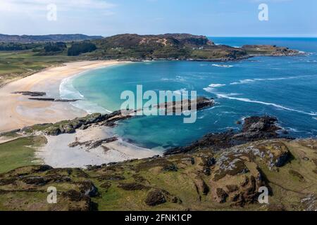 Vue aérienne de la plage de la baie de Kiloran sur l'île de Colonsay, les Hébrides intérieures, Argyll et Bute, Écosse Banque D'Images