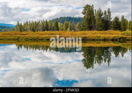 Reflet de la rivière Snake par Oxbow Bend en automne, parc national de Grand Teton, Wyoming, États-Unis d'Amérique, États-Unis. Banque D'Images