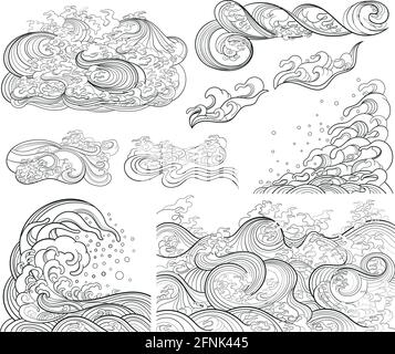 Ensemble d'éléments de contour vectoriels, modèles sur le thème des vagues dans un style oriental. Illustration de Vecteur