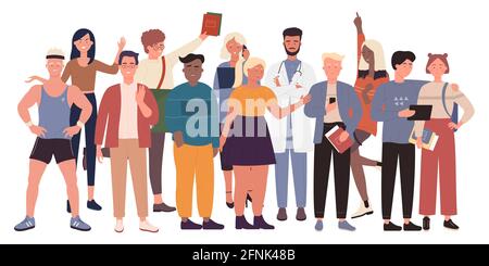 Diversité foule les gens se tiennent ensemble illustration vectorielle. Caricature de différents groupes multiethniques d'homme femmes personnages debout se tenant les mains tenant, société multiculturelle diverse isolée sur blanc Illustration de Vecteur