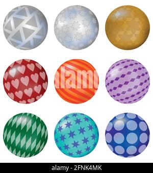 Jeu de boules brillantes colorées avec des motifs, sphère décorative 3d, élément de conception Illustration de Vecteur