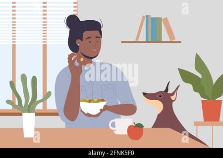 Homme de cuisine dans la cuisine avec illustration de vecteur d'animal de compagnie de chien. Dessin animé jeune heureux propriétaire d'animal de compagnie personnage masculin assis à la table à l'intérieur de la chambre avec des ustensiles de cuisine outils, tenant le fond de nourriture doggy Illustration de Vecteur