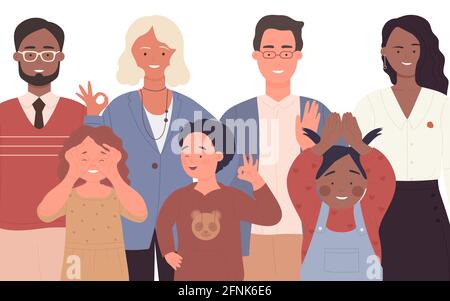 Foule de personnes, divers portraits de famille illustration vectorielle. Caricature heureux multiethnique multiculturel groupe d'adultes et d'enfants, mignon garçon fille, homme femme debout isolé sur blanc Illustration de Vecteur