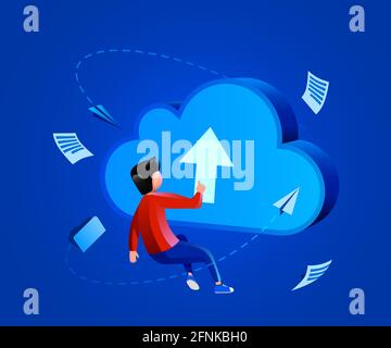 Les gens volent autour du signe du cloud. Concept d'hébergement, de stockage dans le cloud ou de téléchargement de données. Illustration vectorielle Illustration de Vecteur