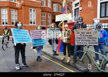 Londres, Royaume-Uni. 15/05/21 UNE manifestation a lieu à l'extérieur de l'ambassade de Colombie après les meurtres de civils par la police qui a protesté contre la réforme fiscale Banque D'Images