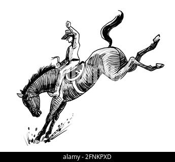 Cowboy à cheval sauvage. Dessin noir et blanc Banque D'Images