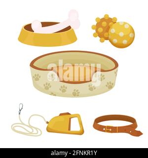 Ensemble d'accessoires pour chiens avec chenil, jouets, collier différents personnel pour le soin des animaux isolés sur fond blanc dans le style de dessin animé. Collection d'équipement Illustration de Vecteur