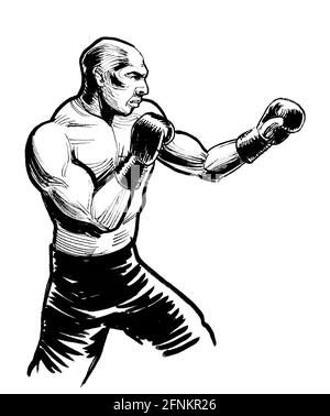 L'athlète de boxe. Dessin noir et blanc Encre Banque D'Images