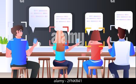 détection et identification des personnes dans le système de reconnaissance faciale de café Ai analyser la communication de bulle de chat Illustration de Vecteur