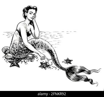 Belle petite femme de ménage assise. Dessin noir et blanc Banque D'Images