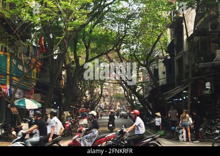 Les Vietnamiens qui font du vélo en voiture et les voyageurs étrangers se rendent à l'hôtel vieille ville et shopping produit local dans la vieille ville sur Hang Buom rue piétonne Banque D'Images