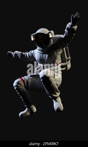 illustration 3d l'astronaute pose contre isolé sur fond noir avec chemin de coupure. Banque D'Images