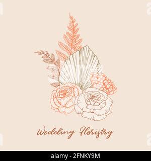 Bouquet de fleurs moderne dessiné à la main avec rose, feuilles de palmier séchées et pampas. Illustration vectorielle dans le style d'esquisse Illustration de Vecteur
