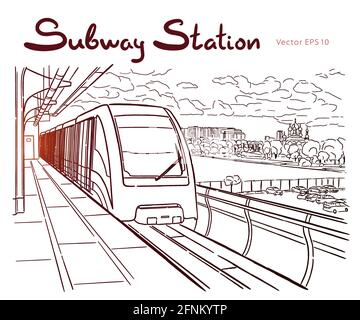 Encre dessinés à la main, croquis de la ligne de métro léger monorail de Moscou, se former en style contour vue perspective. Illustration de Vecteur