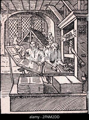 techniques, typographie, imprimerie, coupe de bois du livre de classes de Jost Amman, Nuremberg, 1568, DROITS-SUPPLÉMENTAIRES-AUTORISATION-INFO-NON-DISPONIBLE Banque D'Images