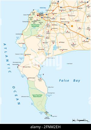 Carte routière vectorielle de Cape Peninsula, Cape Town, Afrique du Sud Illustration de Vecteur