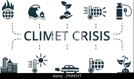 Icône Climet Crisis définie. La collection contient un pack d'icônes créatives pixel Perfect. Ensemble d'éléments de crise Climet Illustration de Vecteur